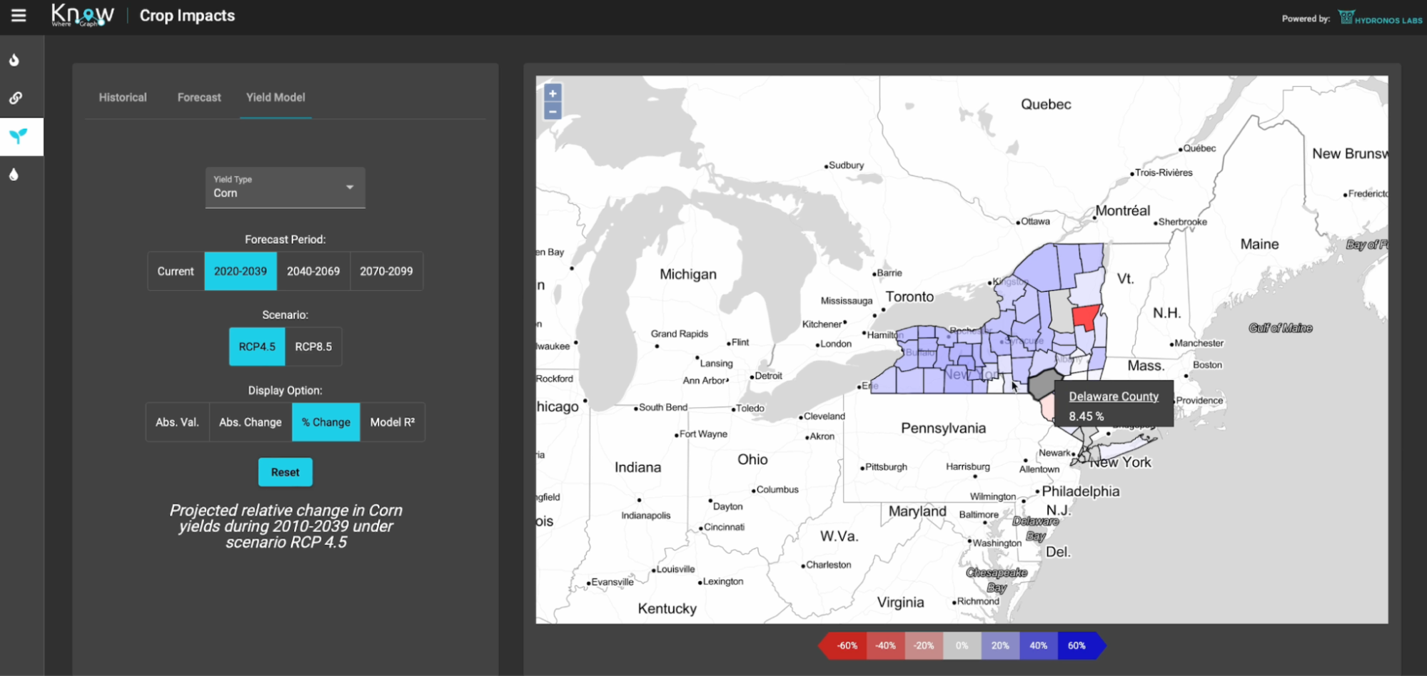 A screenshot of the prototype KnowWhereGraph application for modeling and visualizing the impact of climate change on crop yields and future land value.